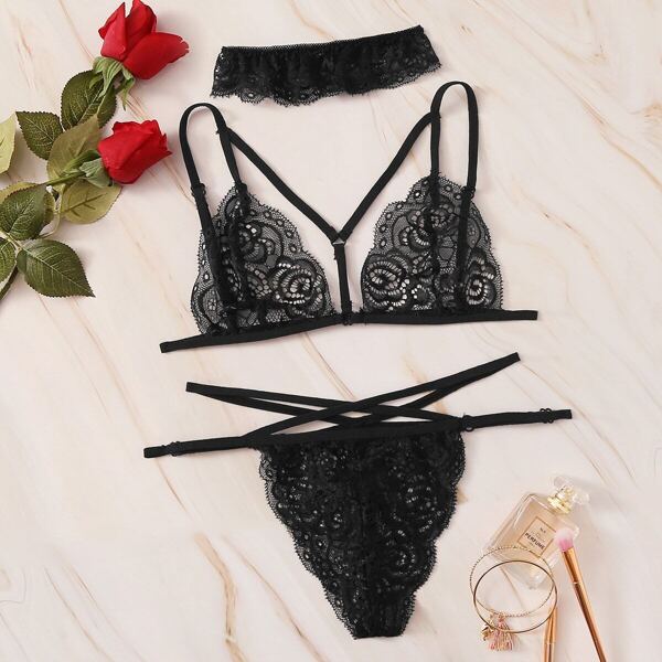 

Floral Lace Harness Lingerie Set With Choker