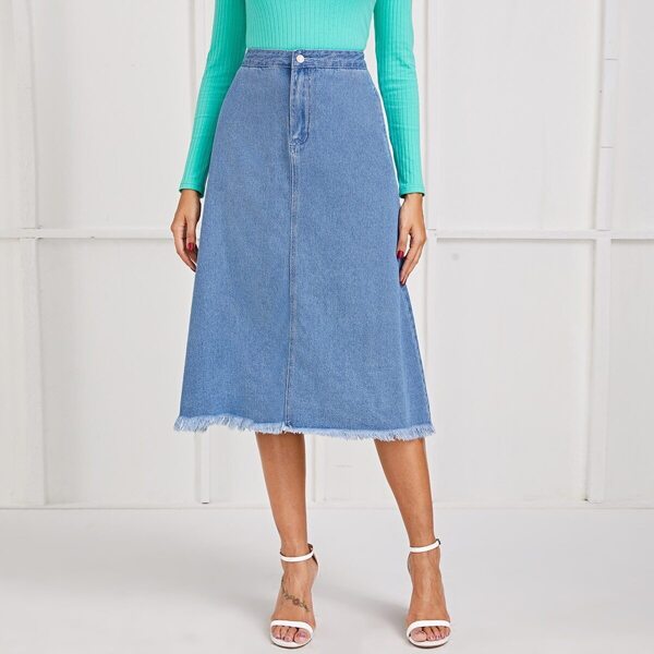 

Raw Hem Zip Front Slant Pocket Denim Skirt
