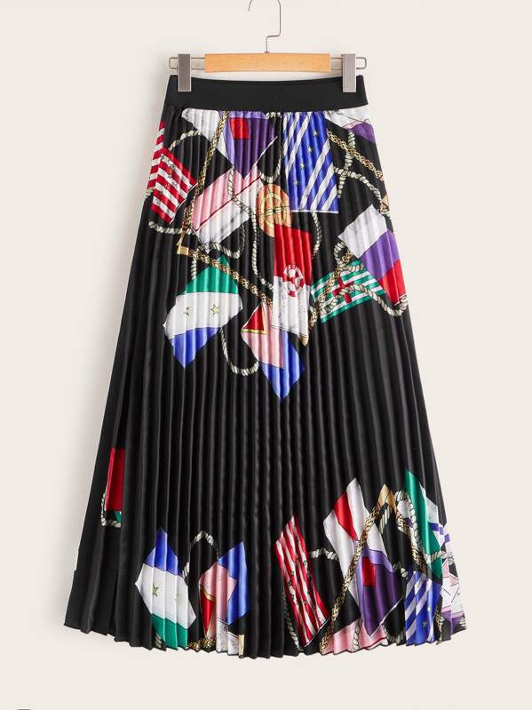 

Graphic Print Pleated Skirt, Multicolor