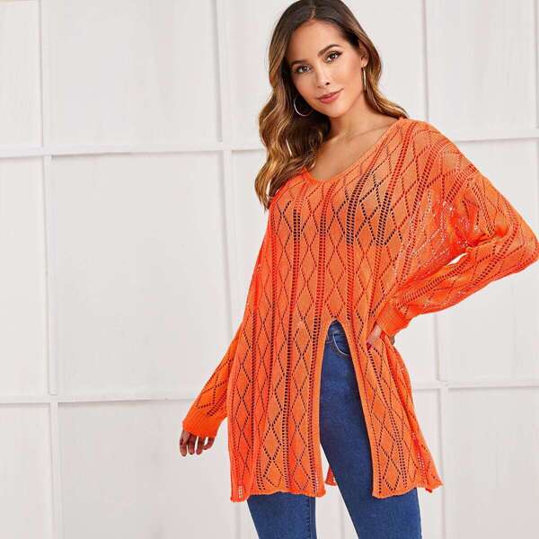 

Neon Orange Split Hem Open Stitch Sweater, Orange bright