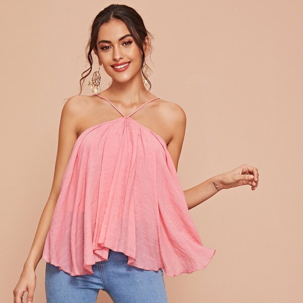 

Lace Up Backless Ruffle Trim Top