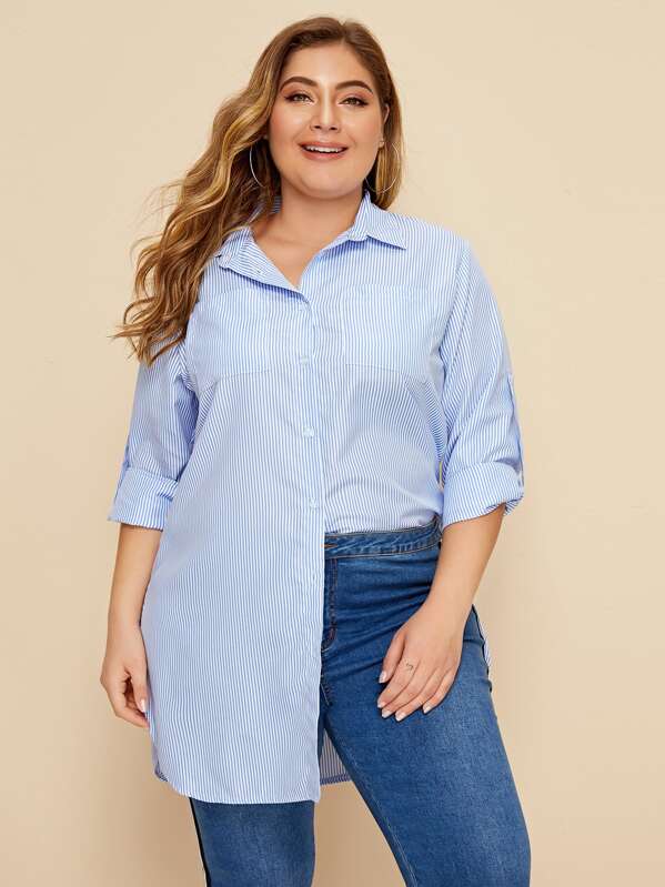 

Plus Striped Pocket Patched Blouse, Blue, Carol