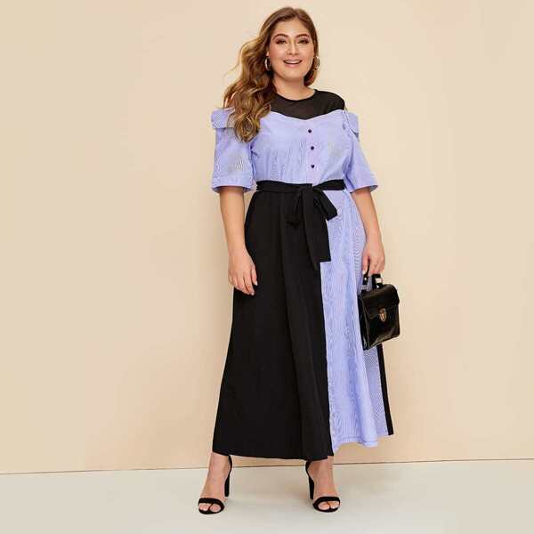 

Plus Mesh Insert Cold Shoulder Belted Dress, Multicolor