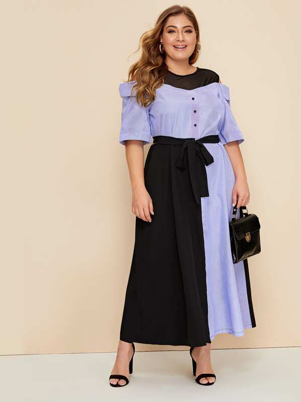

Plus Mesh Insert Cold Shoulder Belted Dress, Multicolor, Carol