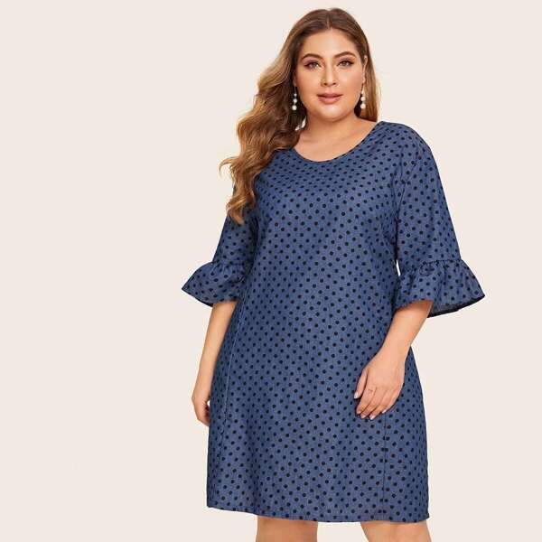 

Plus Polka Dot Flounce Sleeve Denim Dress