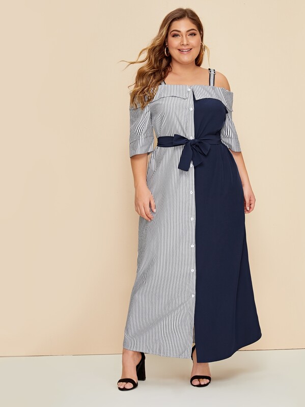 

Plus Two Tone Buckle Strap Belted Dress, Multicolor, Carol