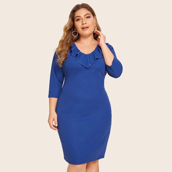 

Plus Ruffle Trim Zip Back Dress, Blue