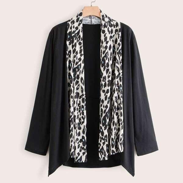 

Plus Leopard Contrast Open Front Coat, Black