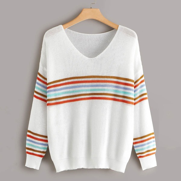 

Plus Colorful Stripe V Neck Sweater, White