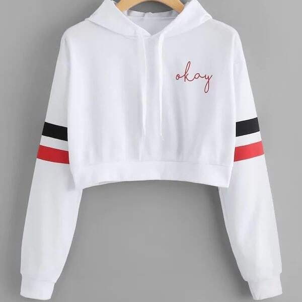 

Plus Drop Shoulder Varsity Striped Sleeve Crop Hoodie, White