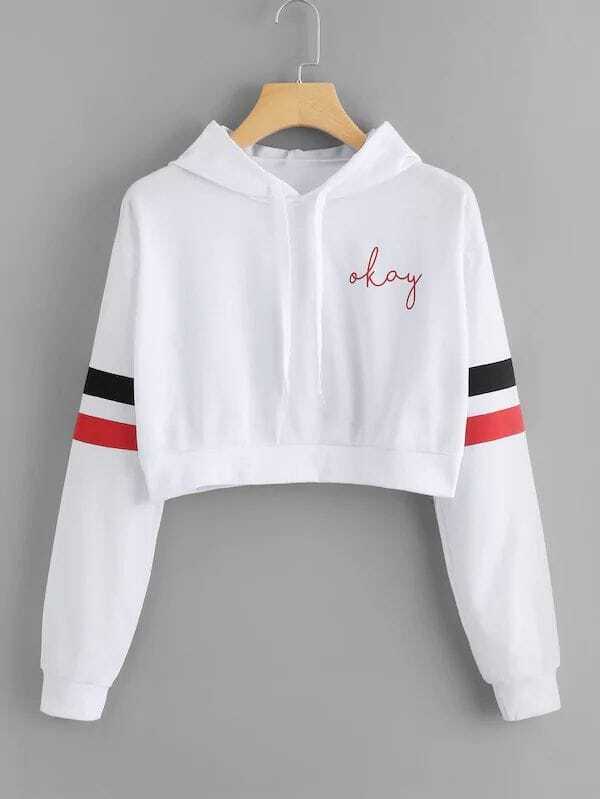 

Plus Drop Shoulder Varsity Striped Sleeve Crop Hoodie, White