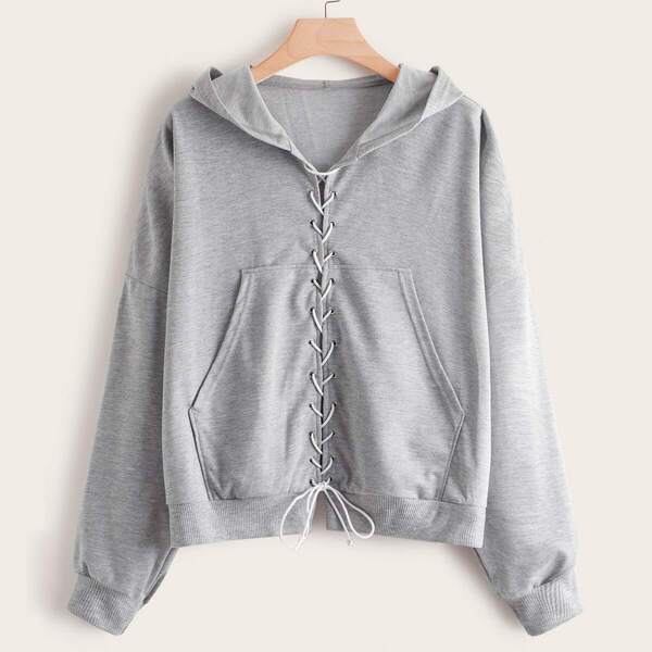 

Plus Lace Up Pocket Front Hooded Sweatshirt