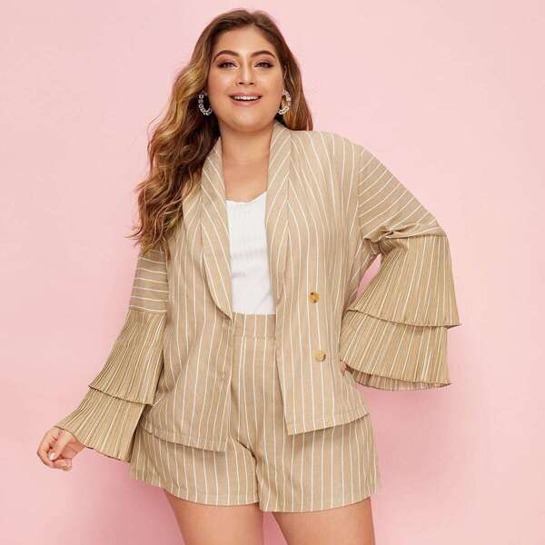 Plus Shawl Collar Layered Sleeve Blazer & Shorts Set, Khaki