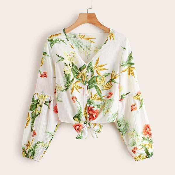 

V-neck Floral Print Knot Hem Blouse, White