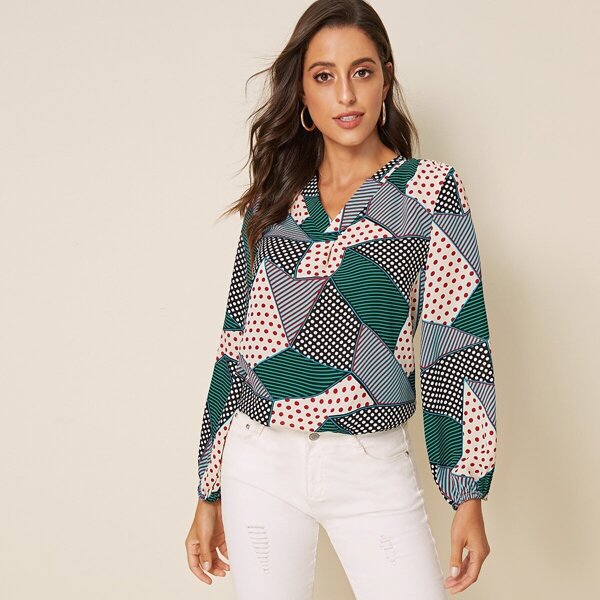

Polka Dot Patchwork V-neck Blouse