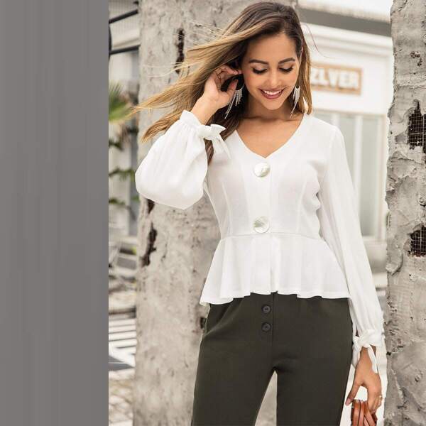 

V-neck Button Front Peplum Blouse, White