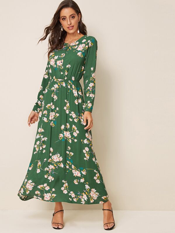 Floral Print Elastic Waist Dress, Green, Mary P.