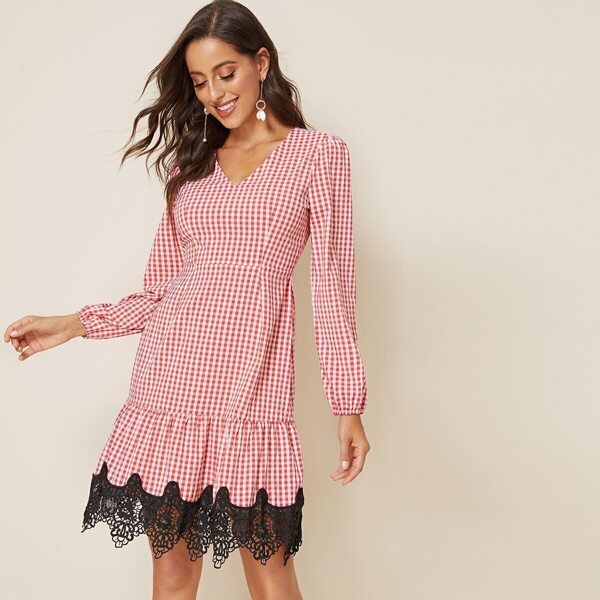 

Contrast Lace Hem Gingham Dress