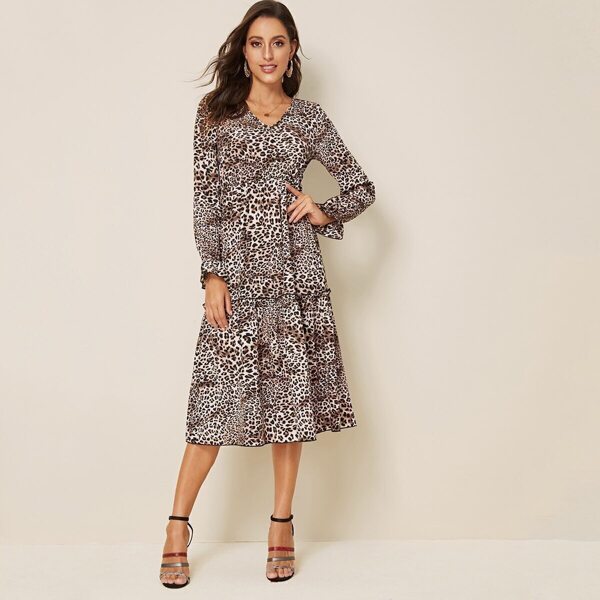 

Leopard Print V-neck Flounce Sleeve Midi Dress
