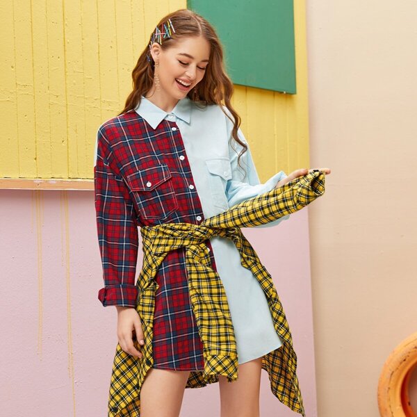 

Contrast Plaid Pocket Front Shirt Dress, Multicolor