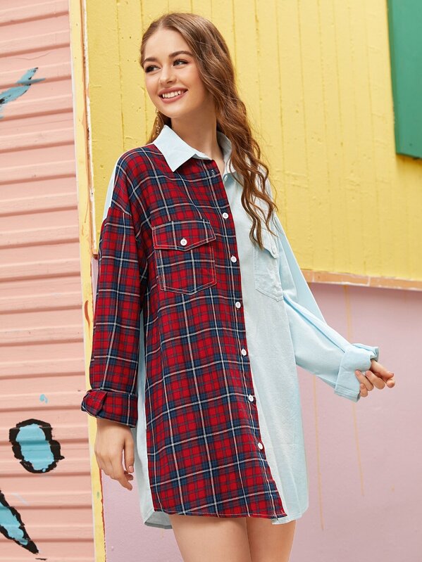 

Contrast Plaid Pocket Front Shirt Dress, Multicolor, Sonya