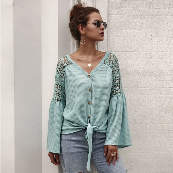 

Contrast Lace Button Front Knot Hem Cardigan, Blue
