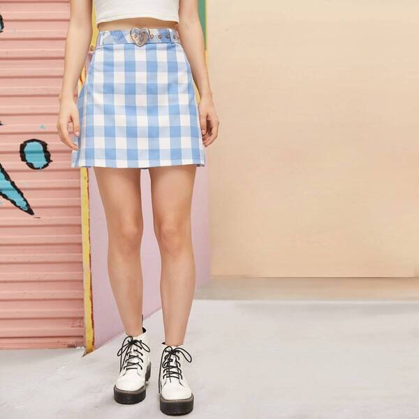 

Gingham A-line Skirt Without Belt, Blue