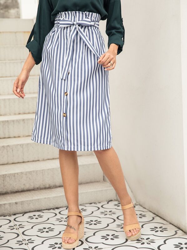 

Striped Button Front Belted Skirt, Blue
