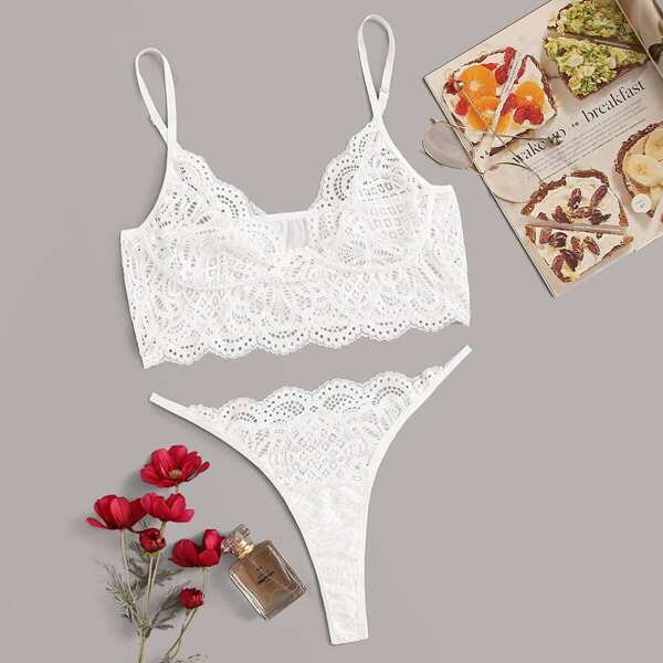

Plus Floral Lace Lingerie Set, White