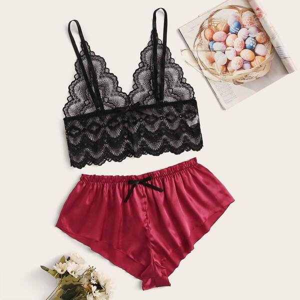 

Plus Lace Cami Top With Satin Shorts, Multicolor