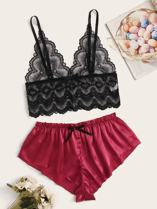 

Plus Lace Cami Top With Satin Shorts, Multicolor