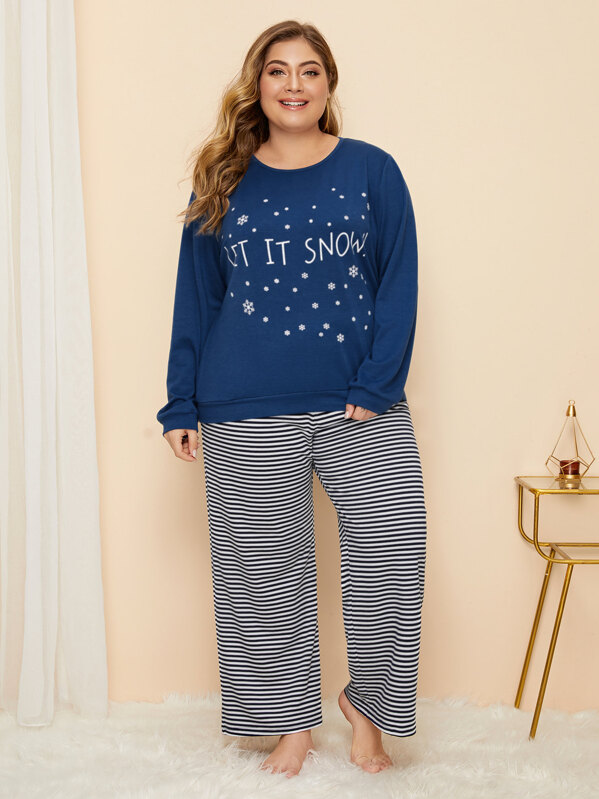 

Plus Letter & Snow Print Striped Pajama Set, Blue, Carol