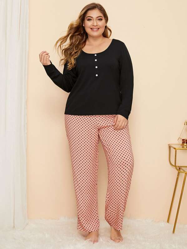 

Plus Dot Button Front Pajama Set, Multicolor, Carol
