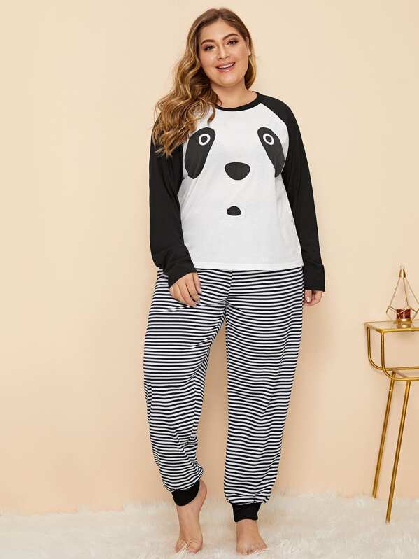 

Plus Panda & Striped Print Pajama Set, Black and white, Carol