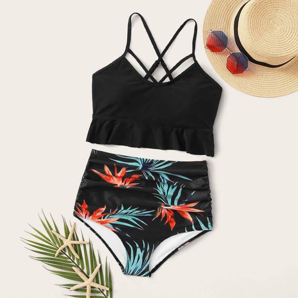 

Lace-up Ruffle Hem Top With Tropical Tankini
