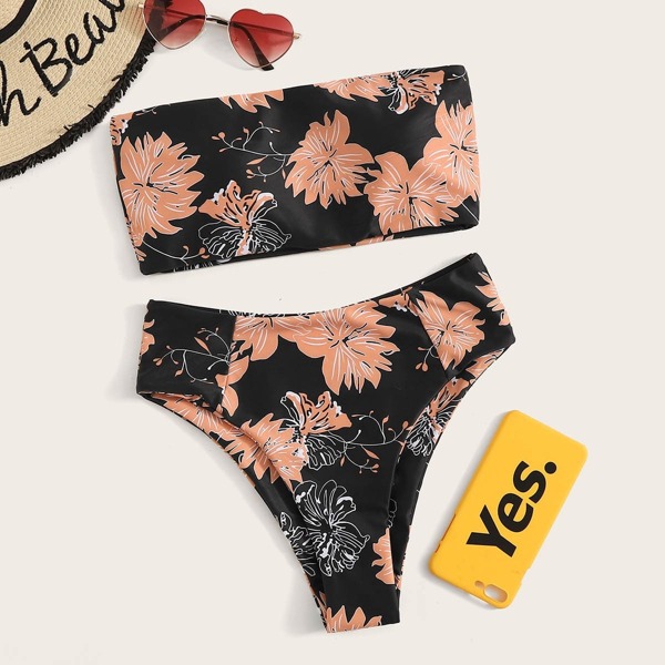 

Random Floral Bandeau With High Waisted Bikini Set, Multicolor