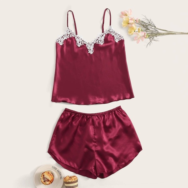 Contrast Lace Satin Cami PJ Set