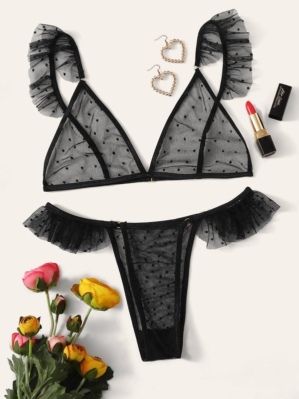 

Ruffle Detail Sheer Lingerie Set, Black