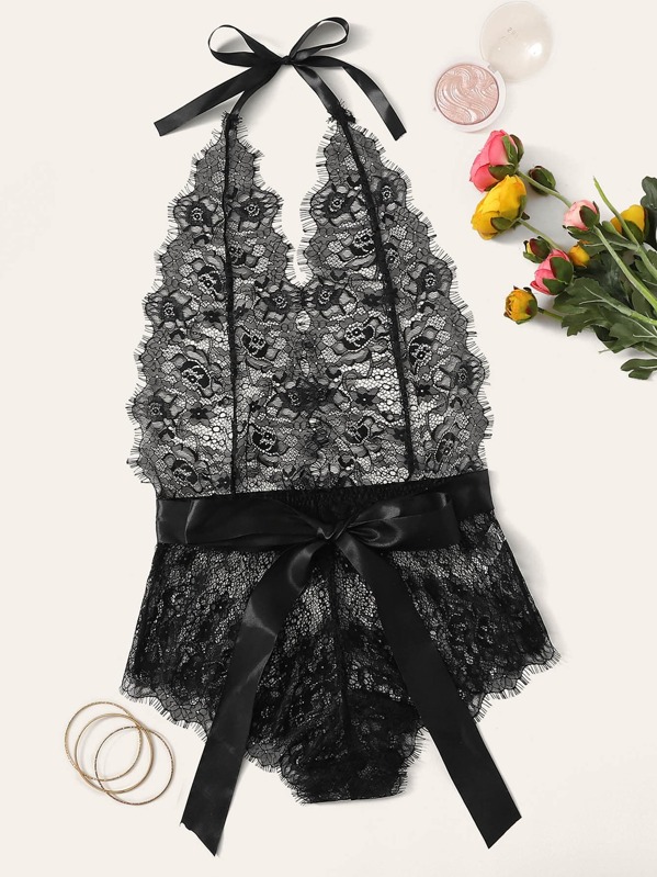 

Eyelash Floral Lace Tie Front Teddy Bodysuit, Black
