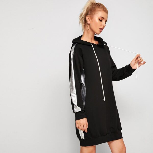 

Contrast Panel Side Drawstring Hooded Sweatshirt Dress