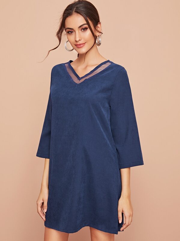 

Contrast Mesh V-neck Tunic Dress, Navy, Carol A