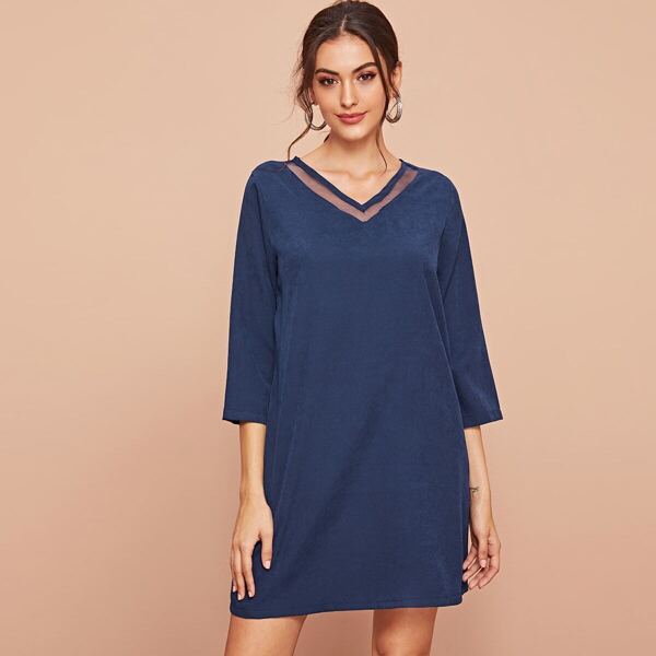 

Contrast Mesh V-neck Tunic Dress, Navy