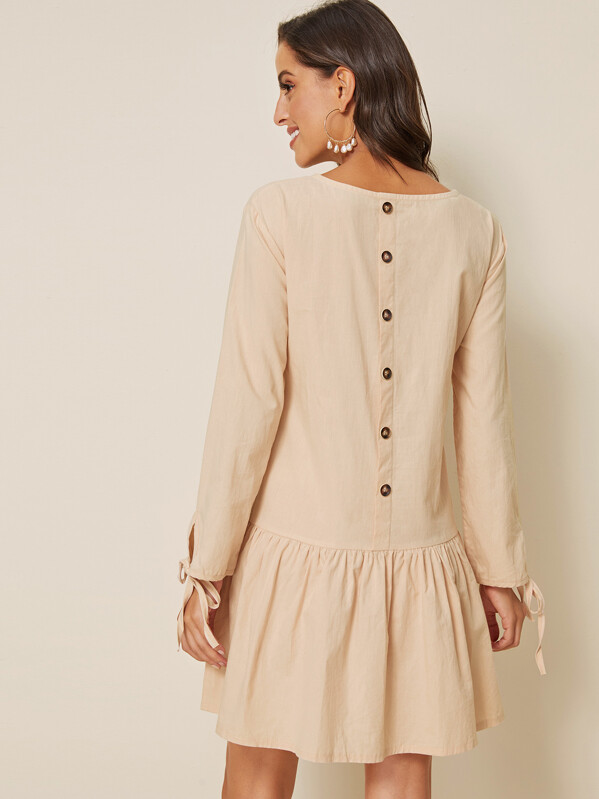 

Button Back Tie Cuff Ruffle Hem Dress, Beige, Mary P.