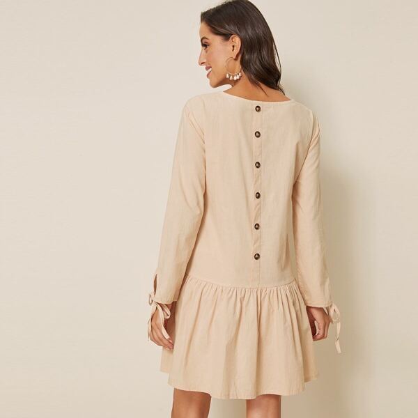 

Button Back Tie Cuff Ruffle Hem Dress