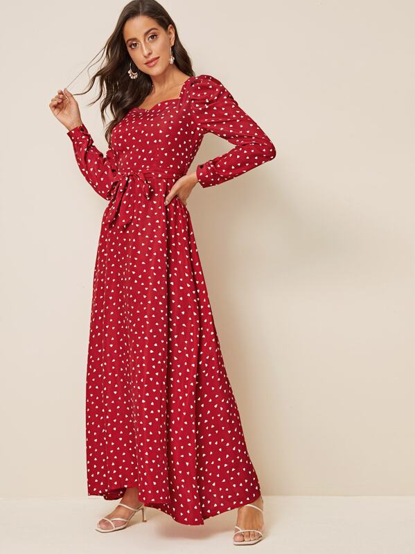 

Heart Print Sweetheart Neck Belted Dress, Red, Mary P.