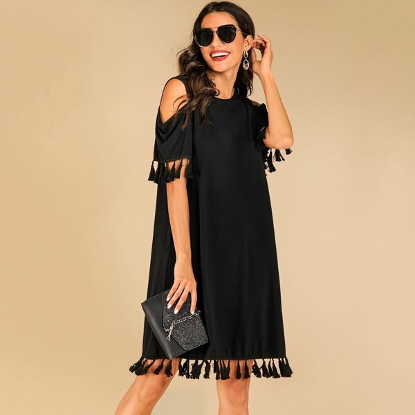 

Cold Shoulder Fringe Hem Dress, Black