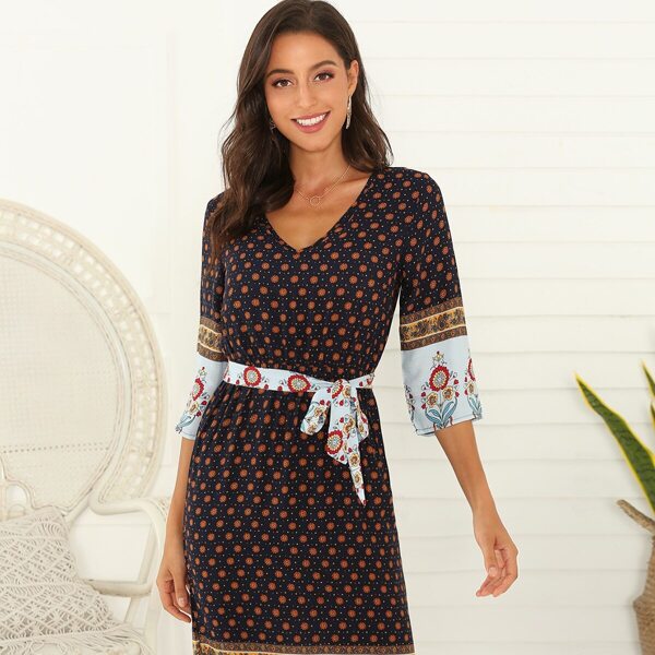 

Ditsy Floral And Paisley Print Belted Tunic Dress, Multicolor