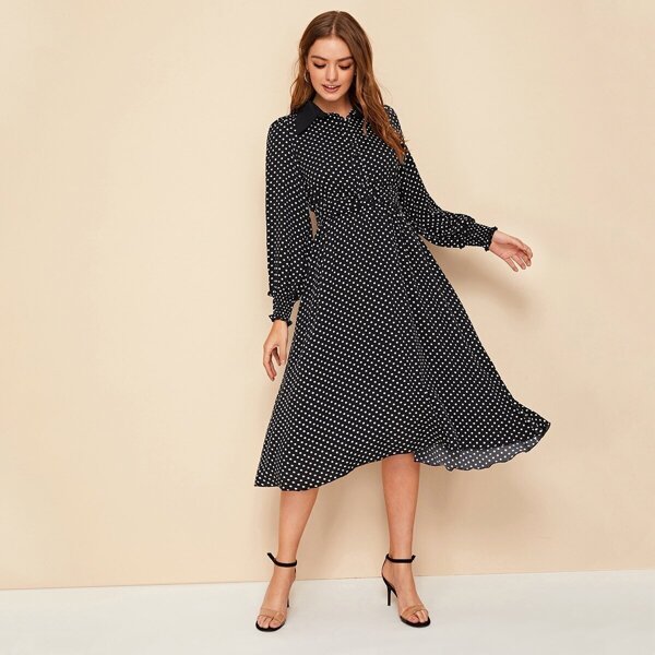Polka Dot Contrast Collar Shirred Cuff Dress