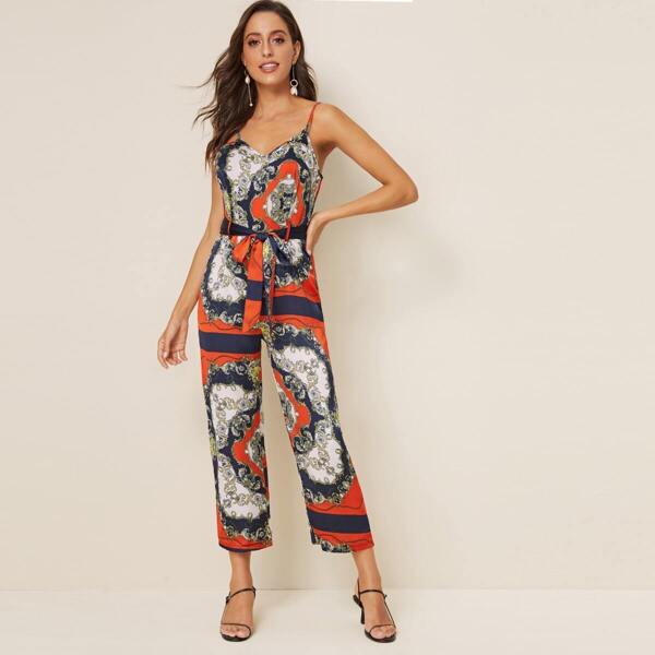 

Scarf Print Belted Cami Jumpsuit, Multicolor