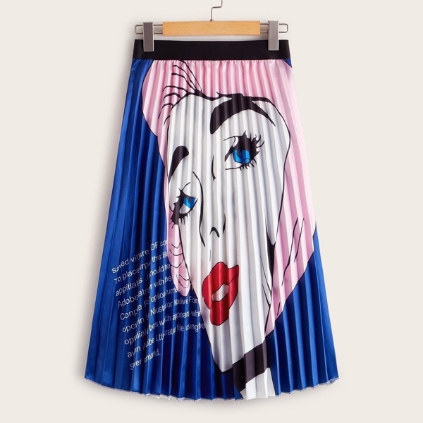 

Letter & Figure Print Pleated Satin Skirt